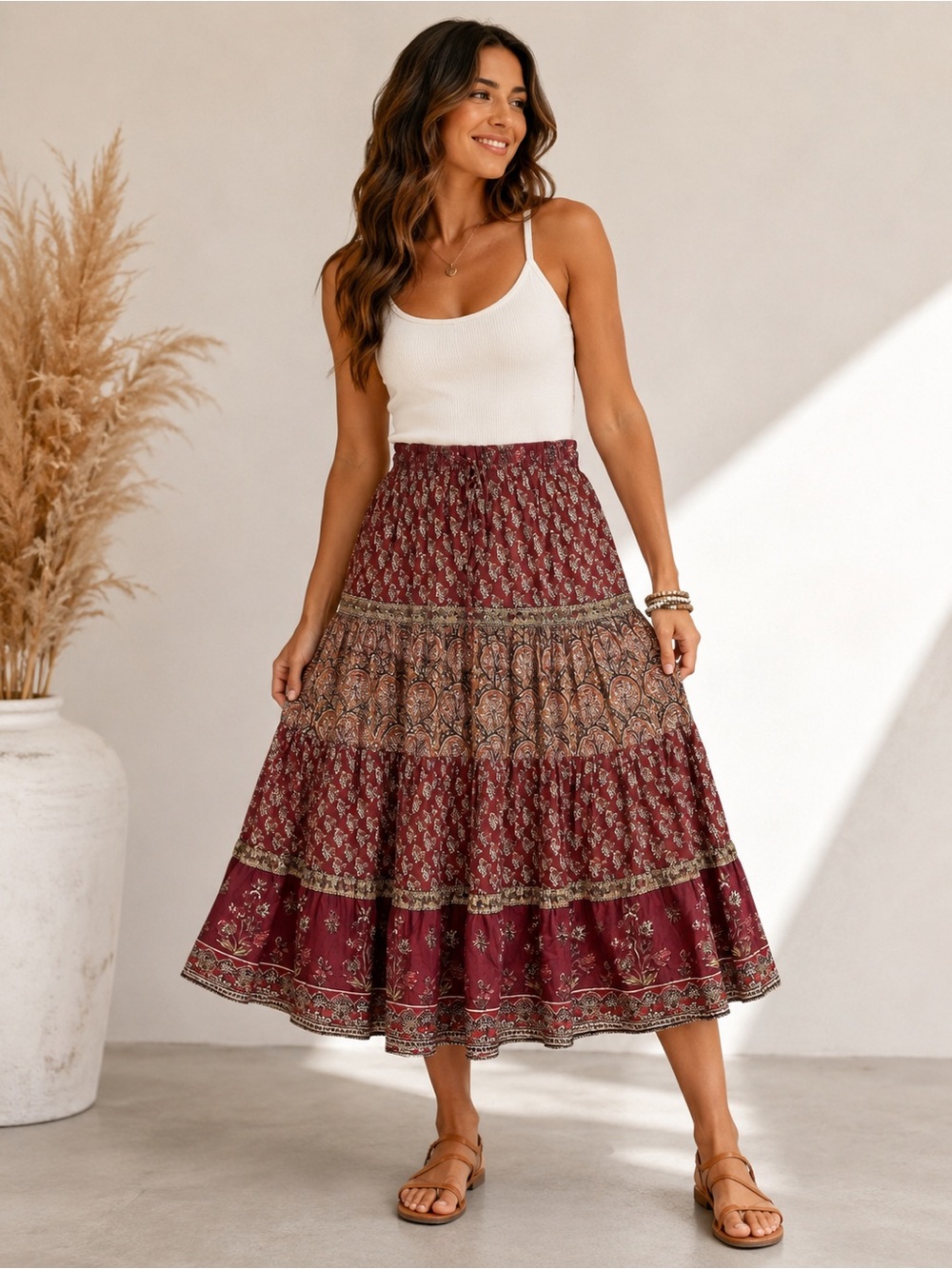 Tree of Life Midi Skirt Womens S/M/L Burgundy NWT Floral Tiered Boho Cotton